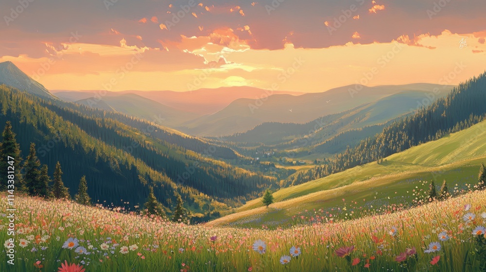 Obraz premium Serene Sunset Over Lush Valley with Colorful Wildflowers