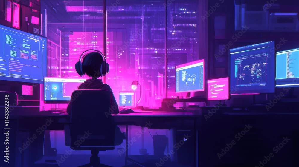 A woman working on her laptop at a desk in her room with a cityscape view A woman working on her laptop at a desk in her room with a cityscape view