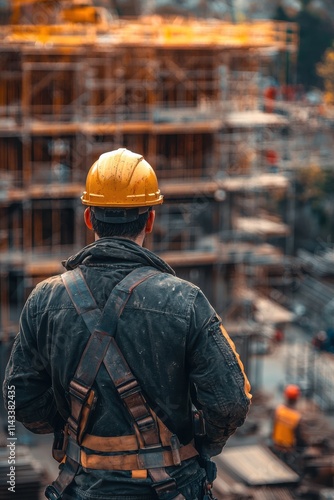 Construction worker observes building progress at a construction site in an urban area during late afternoon hours. Generative AI