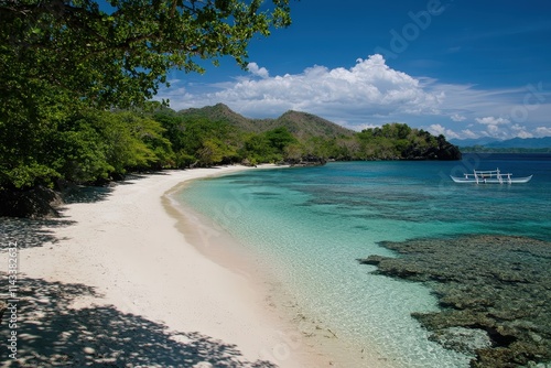 Peaceful beach scene featuring crystal clear water and a lush green mountainous backdrop, capturing a serene tropical escape for travelers. AI generated.