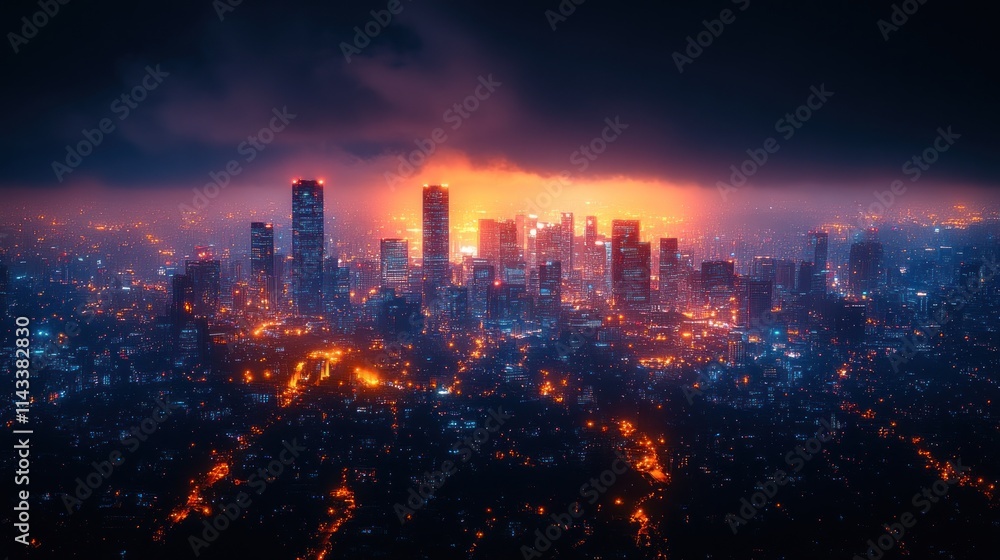 Obraz premium Night city skyline, orange and blue lights.