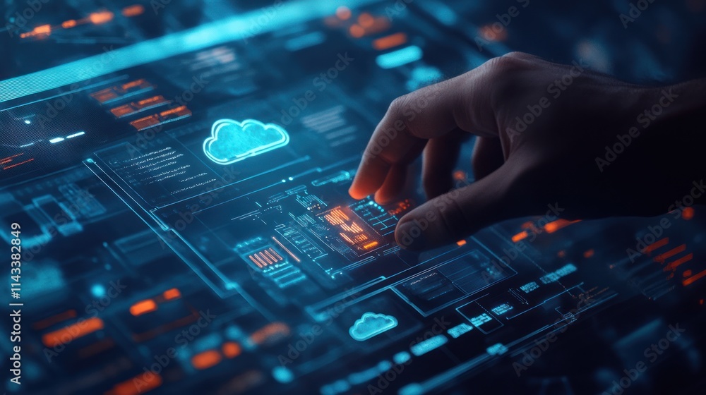 A hand interacting with a futuristic digital interface showcasing cloud technology. A hand interacting with a futuristic digital interface showcasing cloud technology.