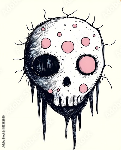 Illustration cartoon drawing of zombie skull head with polka dot eye photo