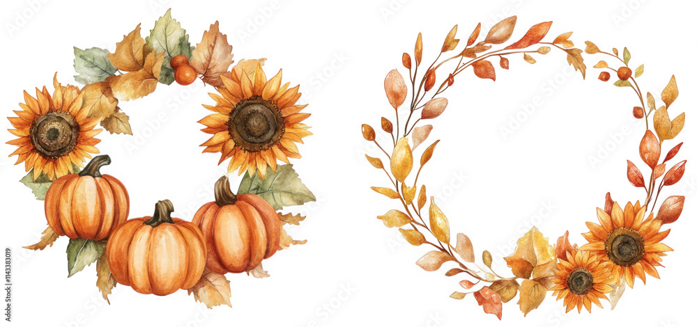 two watercolor wreaths. one with pumpkins and sunflowers and another with autumn leaves and sunflowers two watercolor wreaths. one with pumpkins and sunflowers and another with autumn leaves and sunflowers