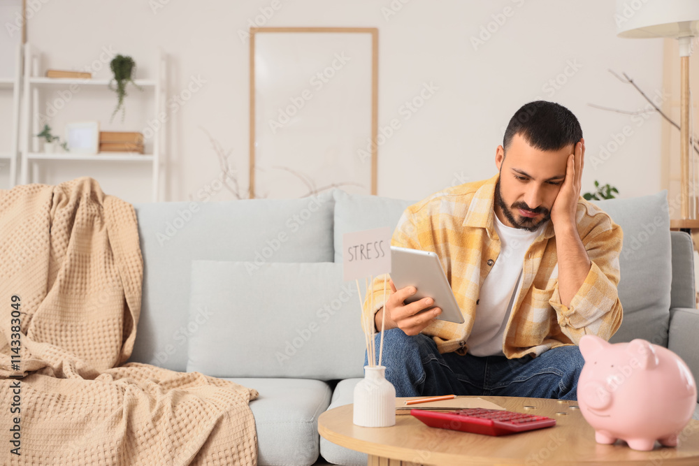 Stressed young man with tablet computer counting money at home Stressed young man with tablet computer counting money at home