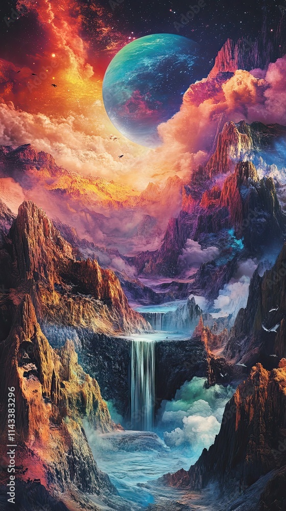 Celestial Waterfall Cascading Through Alien Mountains Celestial Waterfall Cascading Through Alien Mountains