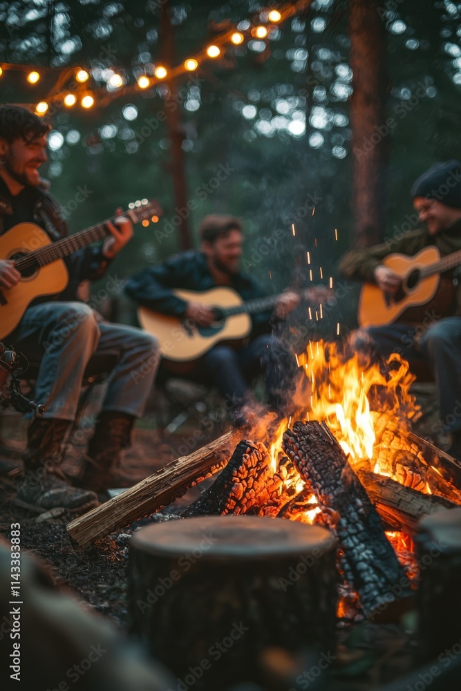 Fototapeta premium Friends gather around a campfire playing acoustic guitars in a forest setting during the evening hours. Generative AI