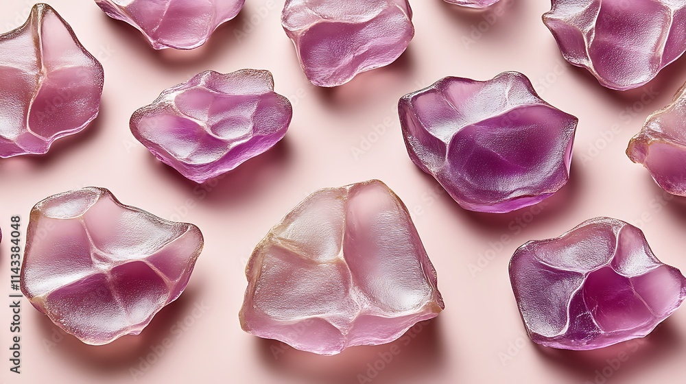 Pink gemstone fragments arranged on a pale pink background Pink gemstone fragments arranged on a pale pink background