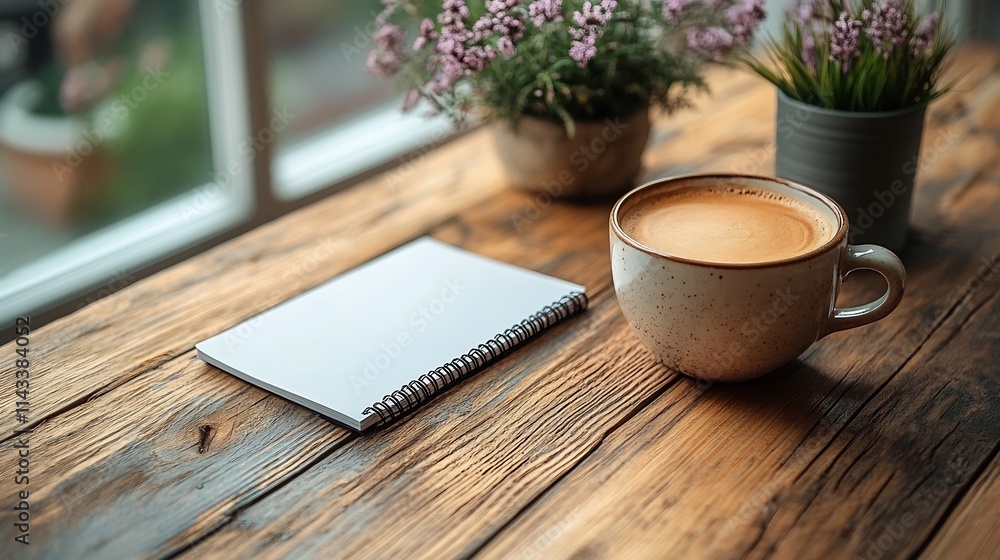 Coffee, notebook, and flowers on rustic wooden table near window. Coffee, notebook, and flowers on rustic wooden table near window.