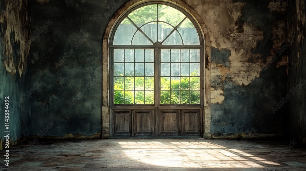Fototapeta premium Abandoned Room with Arch Window. Concept of Decay, History, and Solitude.