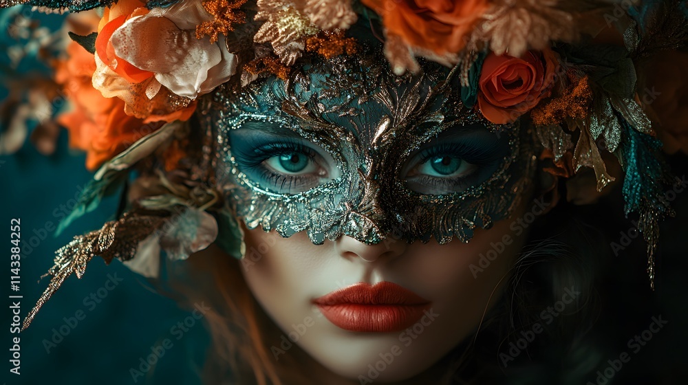 Elegant young woman in a floral mask with vibrant green and orange hues. Elegant young woman in a floral mask with vibrant green and orange hues.