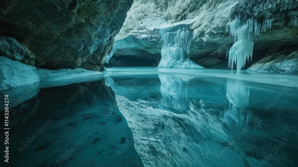 Naklejka premium Frozen Cave with Icicle Formations Reflecting in Turquoise Water