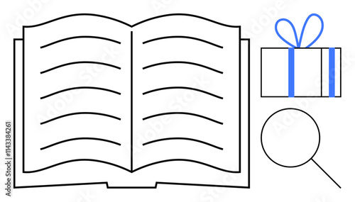 Open book, gift box, and magnifying glass. Ideal for education, learning, studying research reading gifting and discovery concepts. Line metaphor. Simple line icons