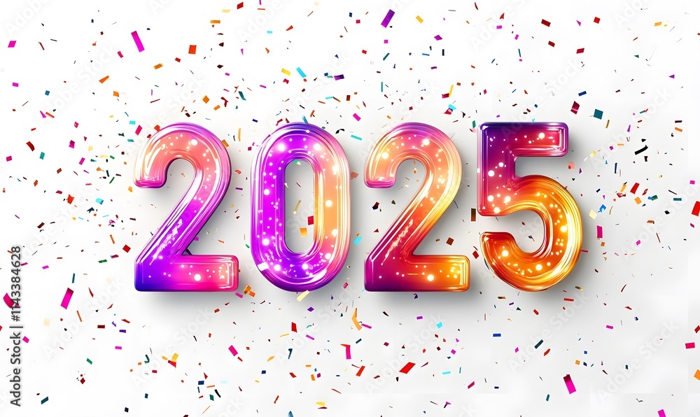 Colorful 2025 year with confetti on white. Colorful 2025 year with confetti on white.