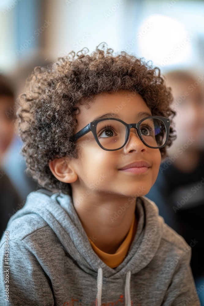 Young boy with curly hair and glasses engages in thoughtful learning at a classroom setting on a sunny day. Generative AI Young boy with curly hair and glasses engages in thoughtful learning at a classroom setting on a sunny day. Generative AI
