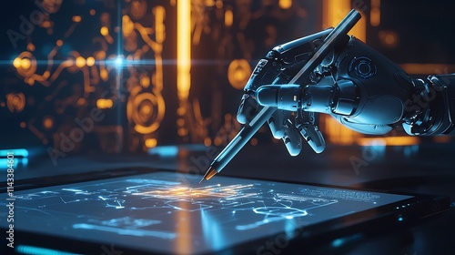 A robotic hand is holding a pen and writing on a tablet