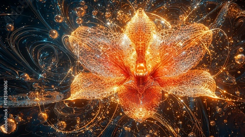 Glowing orange orchid with swirling lines and bubbles.