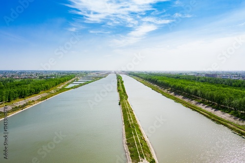 Aerial view of Huaihe River and North Jiangsu Irrigation Main Canal showcasing lush greenery and water flow photo