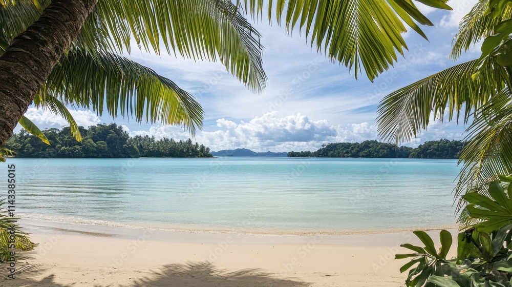 Serene Tropical Beach with Calm Water and Lush Greenery Serene Tropical Beach with Calm Water and Lush Greenery