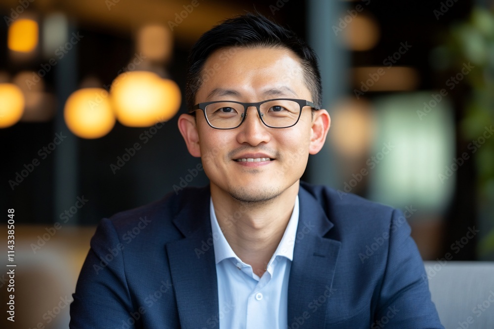 A smiling man in a suit, seated in a modern office environment. A smiling man in a suit, seated in a modern office environment.