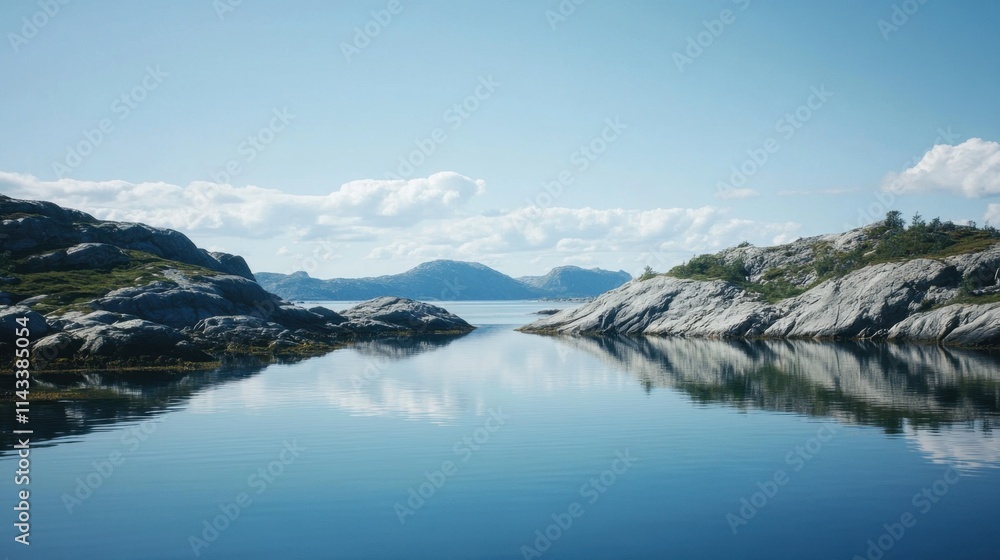 Serene Coastal Landscape with Calm Waters and Rocky Outcrops