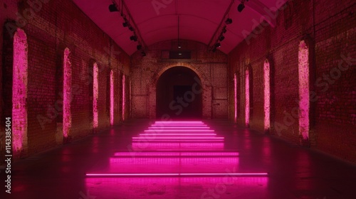 Vibrant Pink Neon Lights in an Artistic Industrial Space Interior