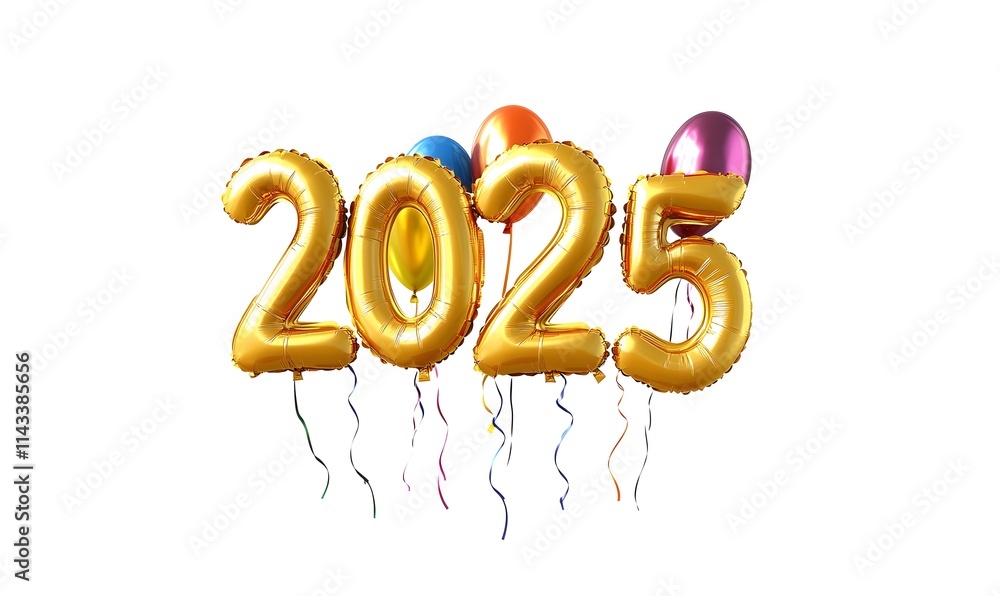 Golden 2025 balloons with colorful ribbons on a white background. Golden 2025 balloons with colorful ribbons on a white background.