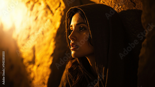 A tender portrayal of Mary Magdalene discovering the empty tomb at dawn, featuring soft lighting and a deeply emotional expression that captures the profound moment of realization and hope. photo