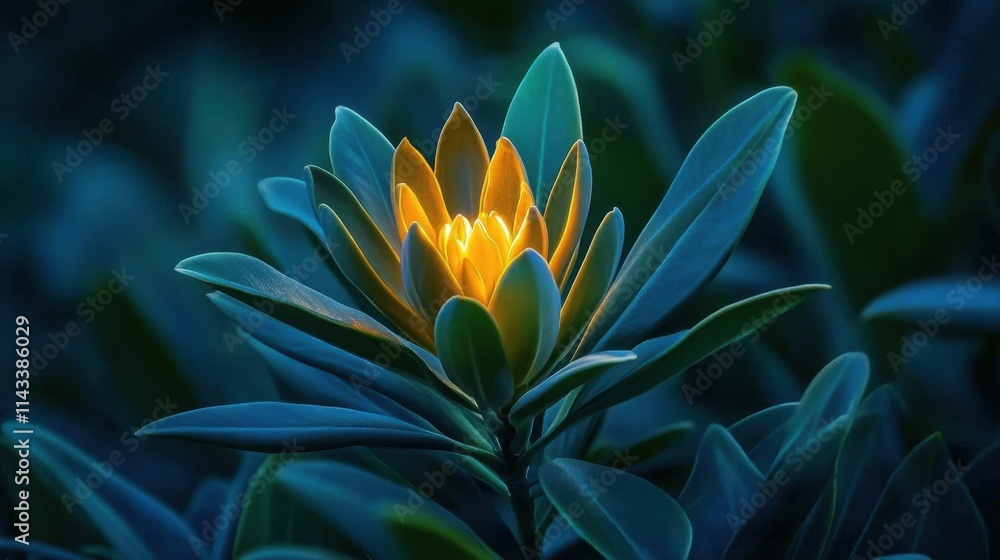 Obraz premium Enchanting Illuminated Flower Blossom against Dark Green Leaves