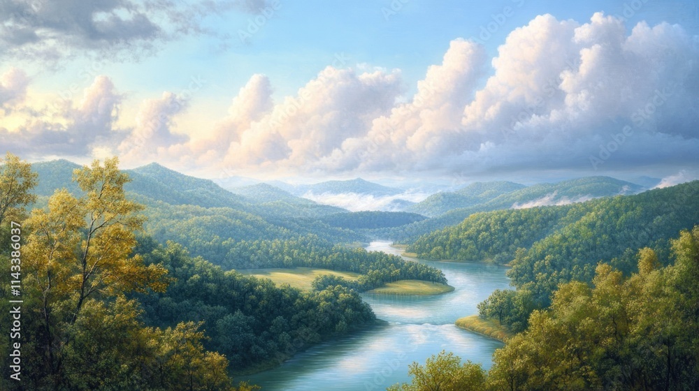 Naklejka premium Serene River Valley Under a Cloudy Sky