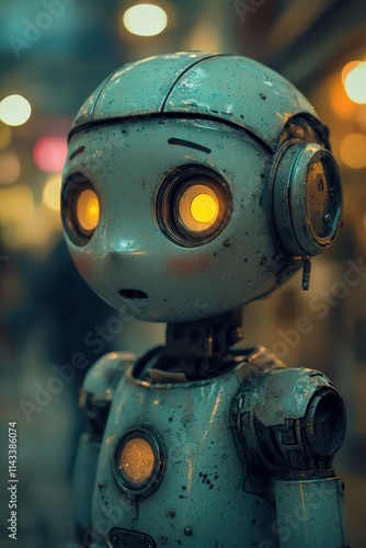 Vintage robot with glowing eyes stands still in a crowded urban area at night, evoking a sense of wonder and nostalgia. Generative AI