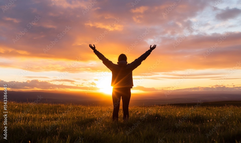 A person stands in a field, embracing a vibrant sunset. A person stands in a field, embracing a vibrant sunset.