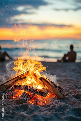 Warm evening beach bonfire with glowing flames and sunset backdrop in a tranquil coastal setting. Generative AI