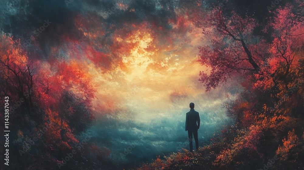 Fototapeta premium Surreal Landscape: A Man Contemplates a Dreamlike Sunset