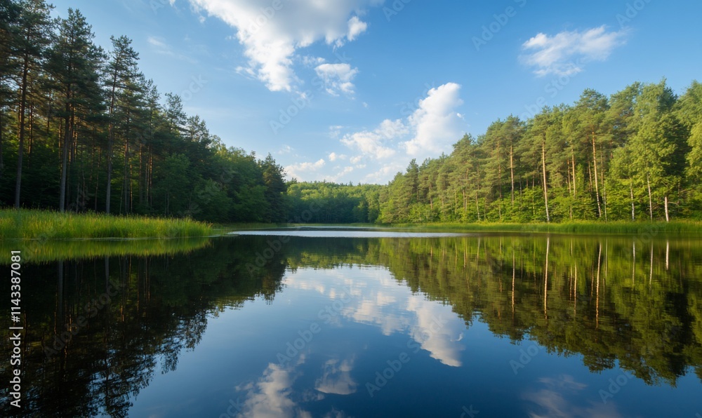 Serene lake surrounded by lush greenery and blue skies. Serene lake surrounded by lush greenery and blue skies.