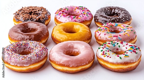 Nine Deliciously Glazed and Sprinkled Donuts Arranged