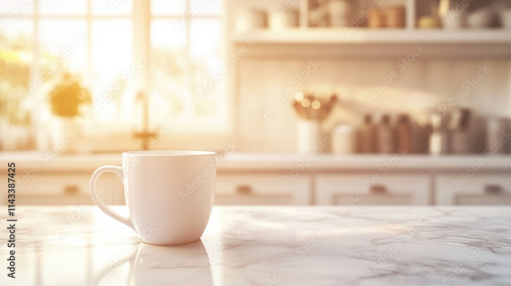 White Coffee Mug on a Marble Countertop in a Bright Kitchen White Coffee Mug on a Marble Countertop in a Bright Kitchen