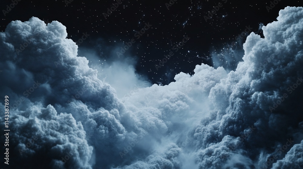 Naklejka premium Dramatic night sky filled with fluffy, dark clouds and distant stars.