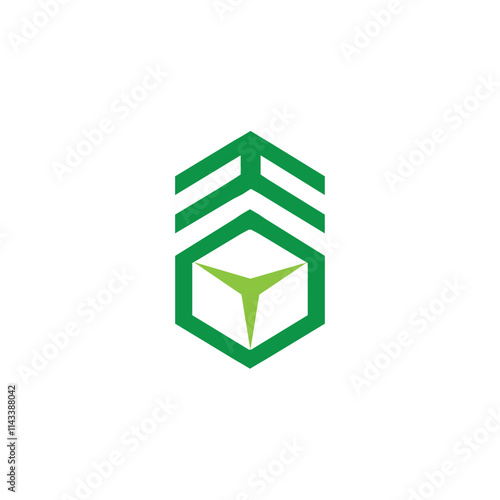 This is an abstract logo design of a box shape in green color with an arrowhead above the box