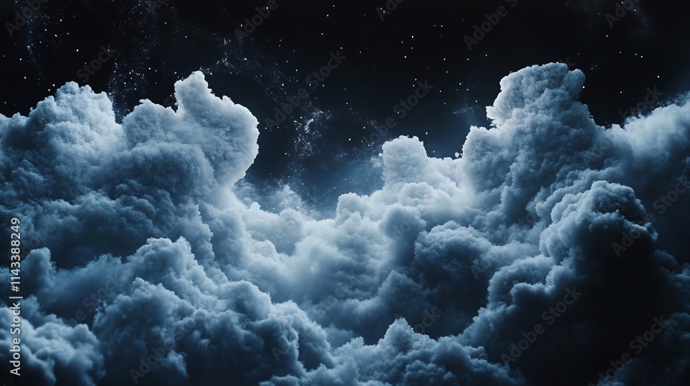 Naklejka premium Dramatic night sky with dark, fluffy clouds and stars.