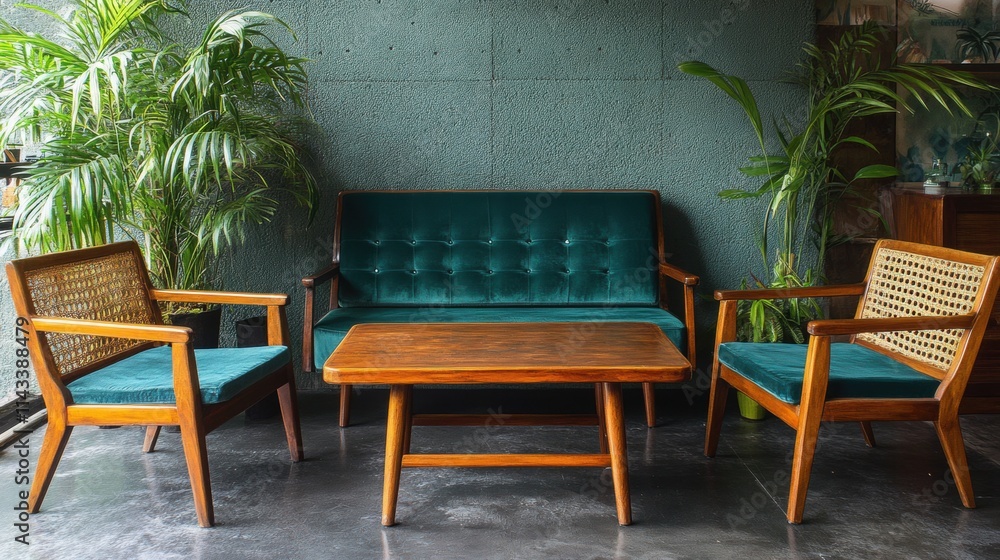 Elegant Retro Living Room Furniture Set with Green Upholstery Elegant Retro Living Room Furniture Set with Green Upholstery