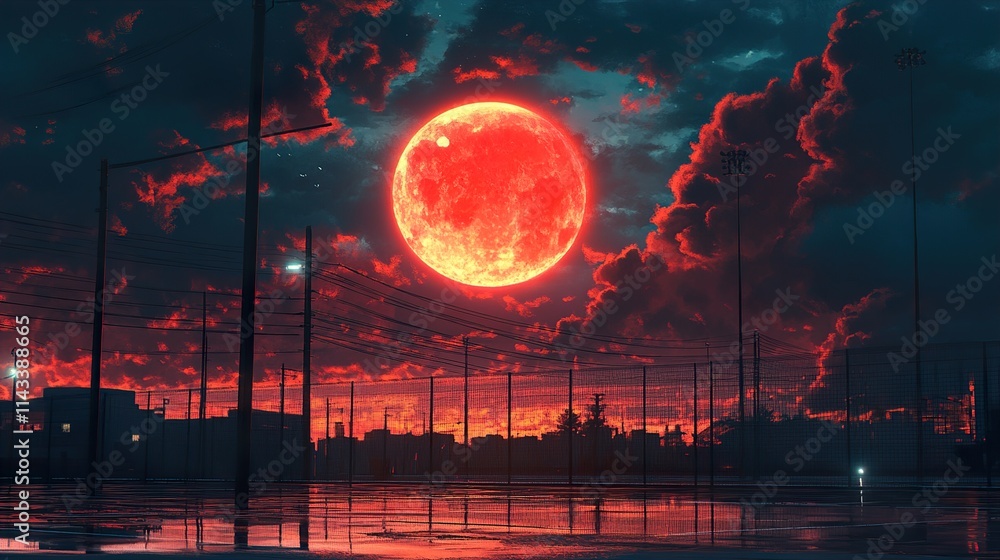 Obraz premium Blood Moon over Cityscape: Night Landscape