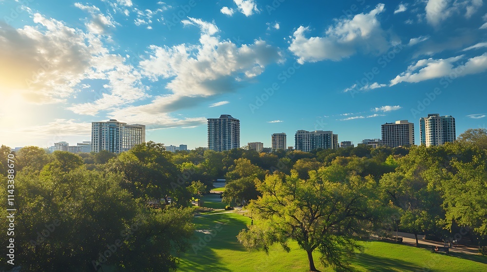 Fototapeta premium Urban park with city skyline at sunrise. Concept of urban green space, nature, and city life.