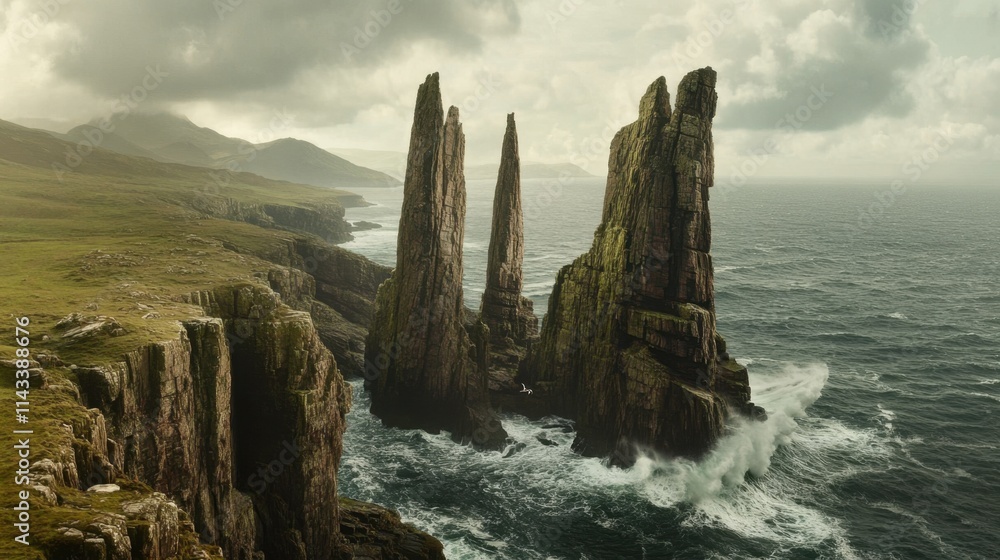 Majestic Rocky Sea Stacks Surrounded by Turquoise Ocean Waves Majestic Rocky Sea Stacks Surrounded by Turquoise Ocean Waves