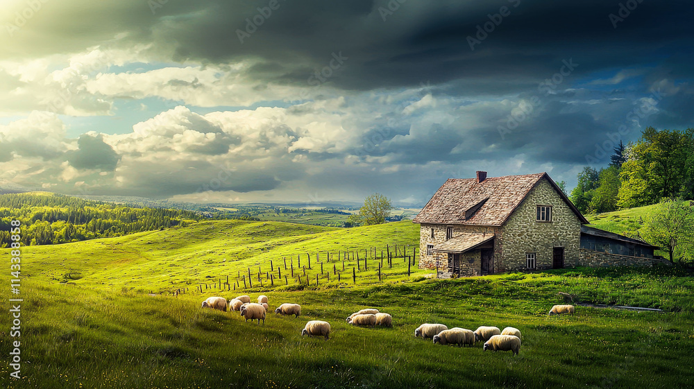 A tranquil countryside scene showcasing rolling green hills, grazing sheep, and a charming stone farmhouse beneath a cloudy sky, capturing the essence of rural life and serene landscapes.
A tranquil countryside scene showcasing rolling green hills, grazing sheep, and a charming stone farmhouse beneath a cloudy sky, capturing the essence of rural life and serene landscapes.