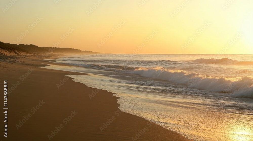 Obraz premium Serene Sunset Over Calm Ocean Waves on Tranquil Beach Shoreline