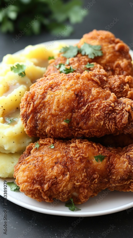 Crispy Fried Chicken Legs with Creamy Mashed Potatoes and Fresh Parsley on White Plate, Perfect Comfort Food Meal with Golden Brown Crust and Juicy Flavor Crispy Fried Chicken Legs with Creamy Mashed Potatoes and Fresh Parsley on White Plate, Perfect Comfort Food Meal with Golden Brown Crust and Juicy Flavor