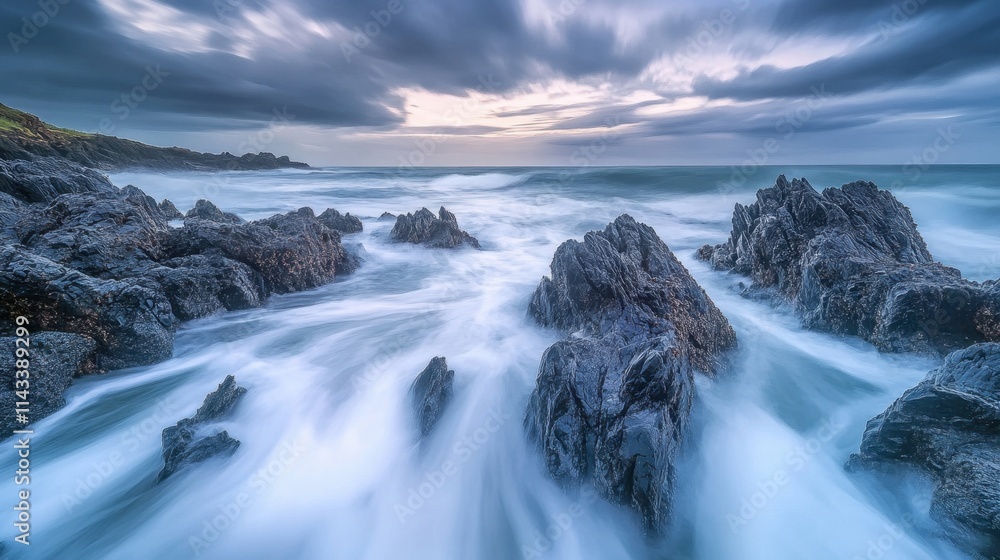 Serene Coastal Scene with Gentle Waves and Rocky Shoreline at Dusk Serene Coastal Scene with Gentle Waves and Rocky Shoreline at Dusk