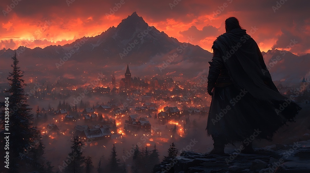 A lone figure observes a fiery mountain town at sunset A lone figure observes a fiery mountain town at sunset