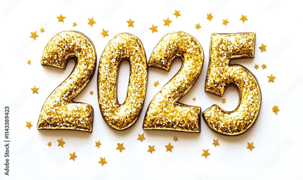 Gold glitter 2025 numbers with golden stars on a white backdrop. Gold glitter 2025 numbers with golden stars on a white backdrop.